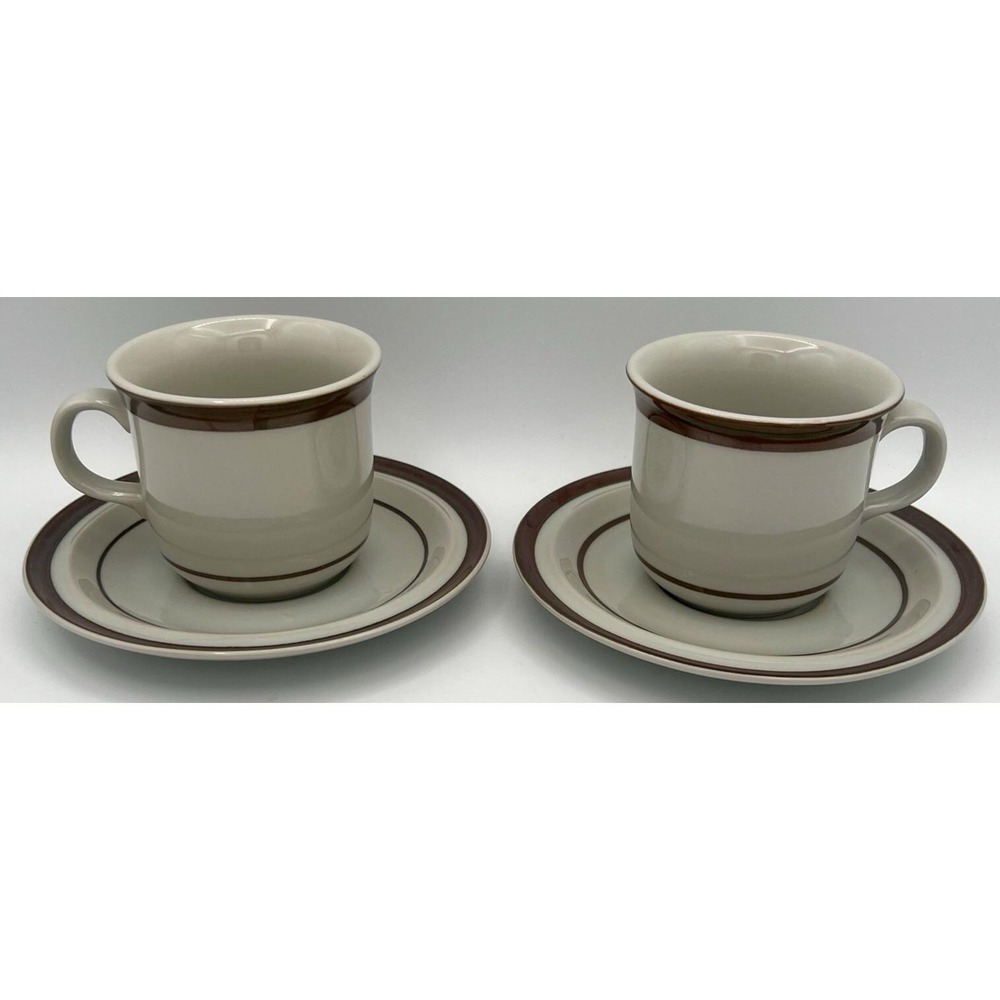 2 Sierra Stoneware Coffee Tea Cup Mug & Saucer Sets Brown Japan EUC
